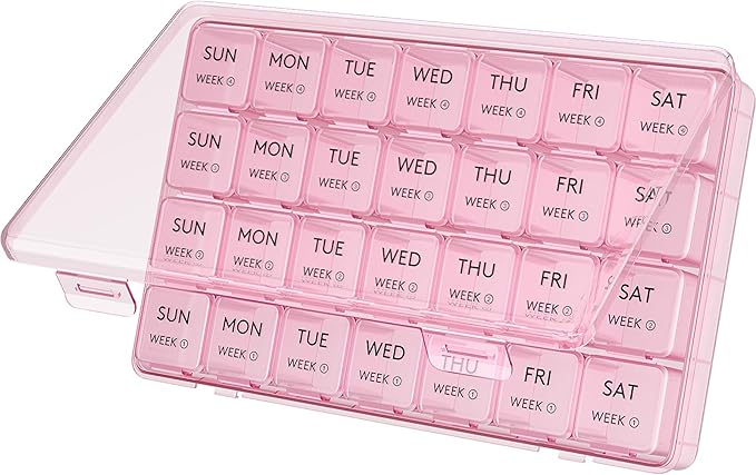 Lifewit Monthly Pill Organizer, 28 Day Pill Box, 4 Weeks One Month Vitamin Cases, Large Compartments Medicine Organizer for Fish Oils, Supplements, 28 Grids, Pink