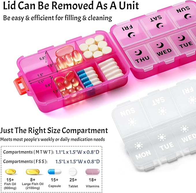 Foldable & Portable Weekly Pill Organizer 2 Times a Day with Clear Printed Labels - 7 Day AM PM Medicine Box, Week Daily Travel Pill Case Holder for Medications, Vitamin, Supplement - Clear Pink