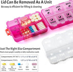 Foldable & Portable Weekly Pill Organizer 2 Times a Day with Clear Printed Labels - 7 Day AM PM Medicine Box, Week Daily Travel Pill Case Holder for Medications, Vitamin, Supplement - Clear Pink