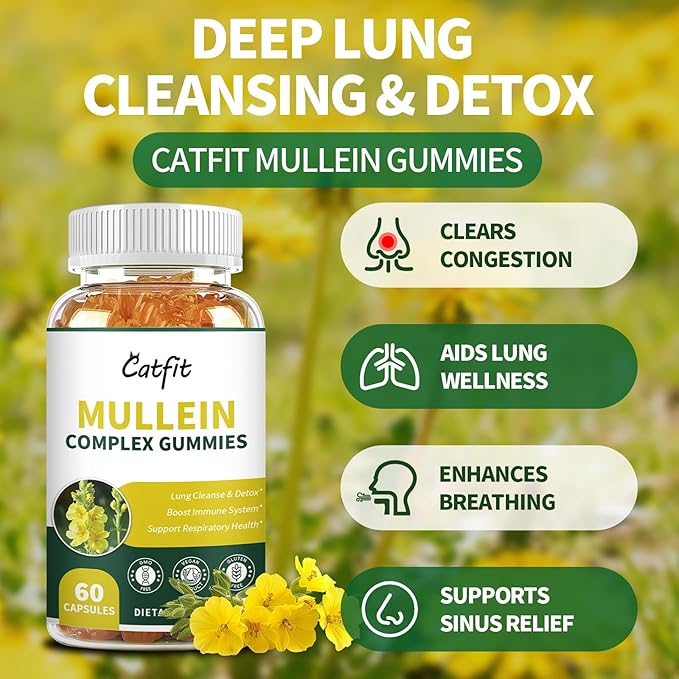 Catfit Mullein Gummies for Lungs – Mullein Leaf Extract with Quercetin, Elderberry for Respiratory & Immune Support,Lung Health & Breathing, Vegan, Pineapple Flavor, 60 Gummies