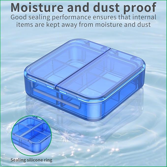 Small Pill Box,4 Compartments Travel Pill Case, Portable Pill Organizer,Mini Pill Container for Pocket,Daily Compact Travel Medicine Holder for Vitamins Fish Oil and Supplement Storage(Blue+Black)
