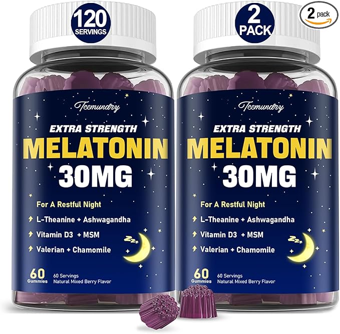 Melatonin Gummies 30mg for Adults: Maximum Strength Melatonin Supplement with L-Theanine, Ashwagandha, MSM, Vitamin D3 & Zinc - Non-Habit Forming, Natural Mixed Berry Flavor 60 Count (Pack of 2)