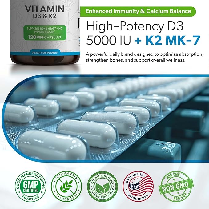 Vitamin D3 K2 5000 IU (MK-7 90 mcg) Supplement – 120 Veg Capsules – K2 D3 Vitamin Supplement for Bone, Heart & Immune Support & Calcium Absorption- Non-GMO, Gluten Free - Made in USA