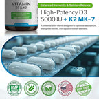Vitamin D3 K2 5000 IU (MK-7 90 mcg) Supplement – 120 Veg Capsules – K2 D3 Vitamin Supplement for Bone, Heart & Immune Support & Calcium Absorption- Non-GMO, Gluten Free - Made in USA