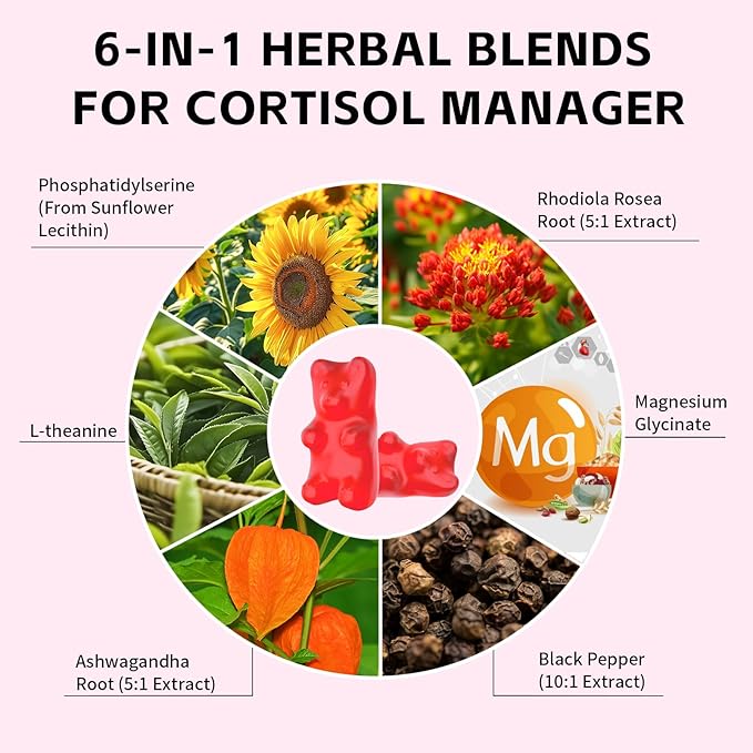 Cortisol Supplements Gummies for Women Sugar-Free Cortisol Gummies with Magnesium Glycinate Ashwagandha Rhodiola Rose Support Relaxation & Focus, Raspberry Flavor, 60 Count
