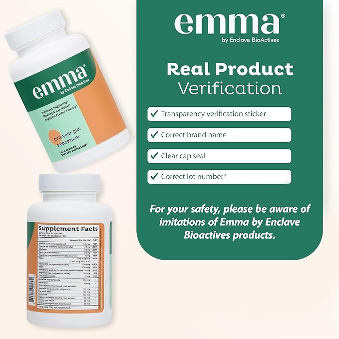Emma Gut Health Relief Supplement, Doctor Endorsed Formula for Women & Men, Leaky Gut & Digestive Support for Constipation, Bloating & Gas Relief with Berberine, Resveratrol, Quercetin, 60 Capsules