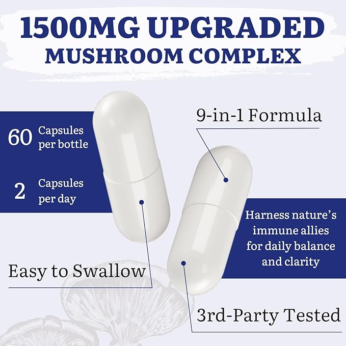 Japanese Reishi Mushroom Complex Supplement 1500mg - Reishi,Chaga,Cordyceps,Lion's Mane,Maitake,Agaricus Mushrooms Extract & 3 Herb,Organic Mushroom Capsules for Immune,Brain (Pack of 2)