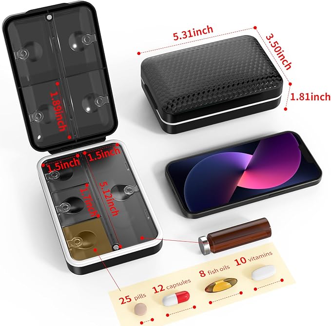 Restree Weekly Pill Organizer 8 Compartment, [Triple Seal Magnetic Lock] Travel Pill Case with Labels & Inner Lid, Moisture Proof for Vitamins, Fish Oil, Supplements, Daily Meds – 7+1 Large (Black)
