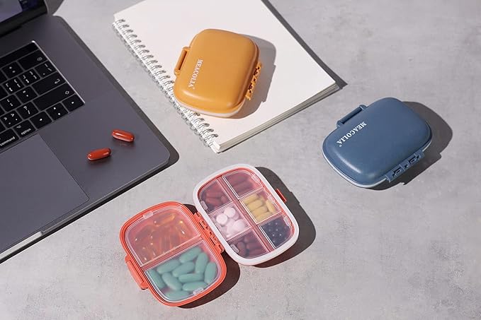 MEACOLIA 3 Pack 8 Compartments Travel Pill Organizer, Daily Pill Case Small Pill Box for Pocket Purse, Portable Pill Container Medicine Vitamin Organizer (Dark Blue, Red, Yellow)