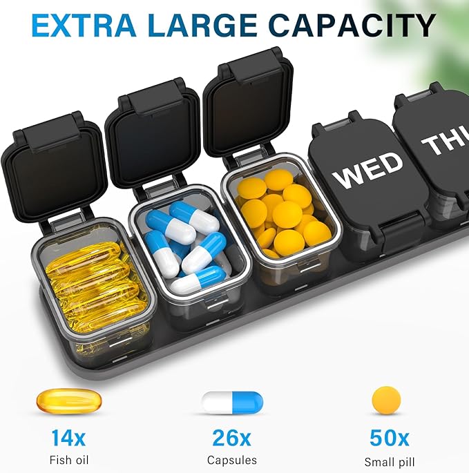 Extra Large Weekly Pill Organizer - XL Vitamin Holder with 7 Detachable Compartments, Portable Medicine Pill Organizer for Supplements, Daily Pill Case for Home and Travel,Black
