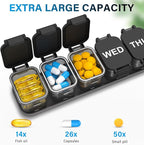 Extra Large Weekly Pill Organizer - XL Vitamin Holder with 7 Detachable Compartments, Portable Medicine Pill Organizer for Supplements, Daily Pill Case for Home and Travel,Black