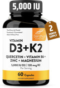 Sandhu's Vitamin D3 K2 Magnesium 5000 IU, 120mcg K2 Capsules 60 Count (Pack of 1) | with VIT B6, Zinc & Quercetin | D3K2 Supports Superior Absorption, Energy, Immune, Muscle Health for Men & Women