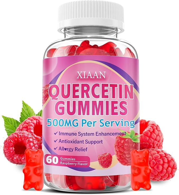 Quercetin Gummies 500mg for Kids & Adults, Organic Quercetin Supplements with Bromelain Zinc Vitamin C and D3 Support Antioxidant & Immune System Health, Raspberry Flavor 60 Count