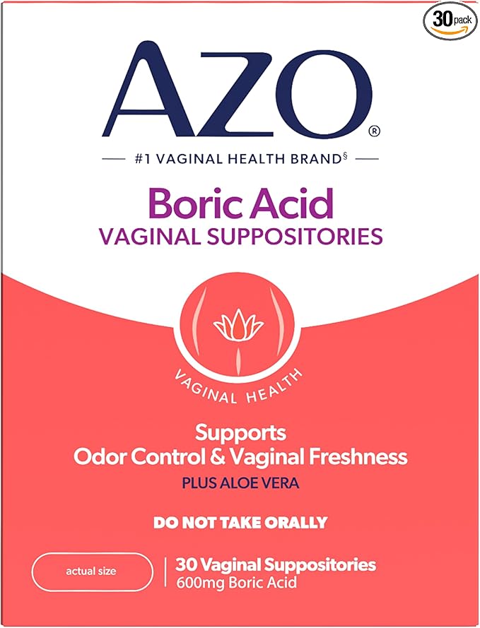 AZO® Boric Acid Vaginal Suppositories for Women, Helps Support Odor Control with Clinically Studied Boric Acid, Non-GMO, 30 Count