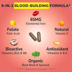 Iron Supplement for Women and Men, Iron Bisglycinate, 65mg Elemental Iron, Non-Constipating, with Vitamins C B6 B12 Folate & Beet Root, 60 Caps