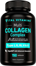 Vital Vitamins Multi Collagen Capsules - Type I, II, III, V, X - Grass-Fed, Collagen Peptides Supplements, Non-GMO - for Men & Women - 150 Count