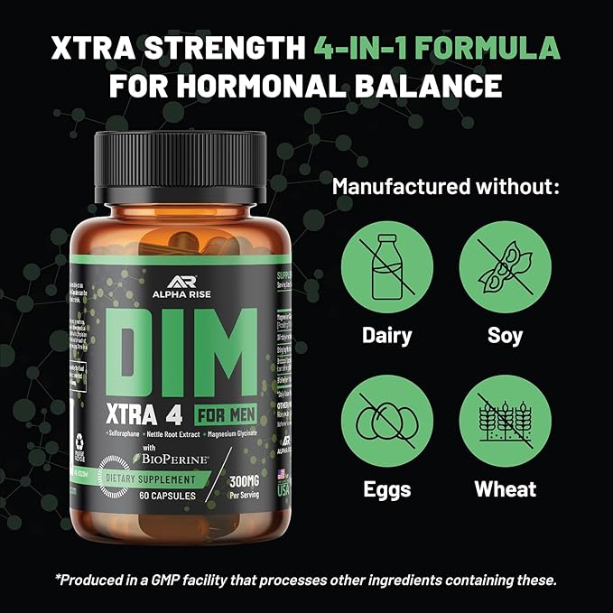 DIM XTRA 4 - 300 mg Estrogen Blocker for Men & Aromatase Inhibitor | Testosterone Hormone Restorer & Energy Booster | With Magnesium, Nettle and Sulforaphane Broccoli Extract