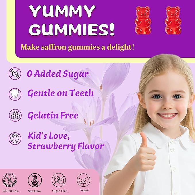 Lofei Saffron Supplements Gummies for Kids & Adult,12-in-1 Formula with Saffron 88.5mg,Vitamin B6,D3,B12,Magnesium,Zinc,St.John's Wort,Ashwagandha,Support Zzz,Strawberry Flavor,60 Count(Pack of 1)