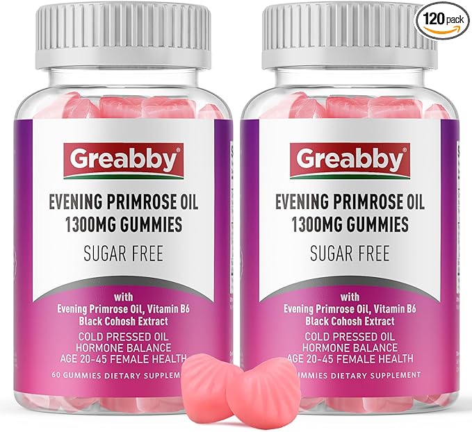 Evening Primrose Oil Gummies 1300mg with Black Cohosh & Vitamin B6, Sugar-Free, PMS Relief Supplements for Women 20-45, Chewable PMS Gummies, Strawberry Flavor, Vegan, Pectin, 120 Count