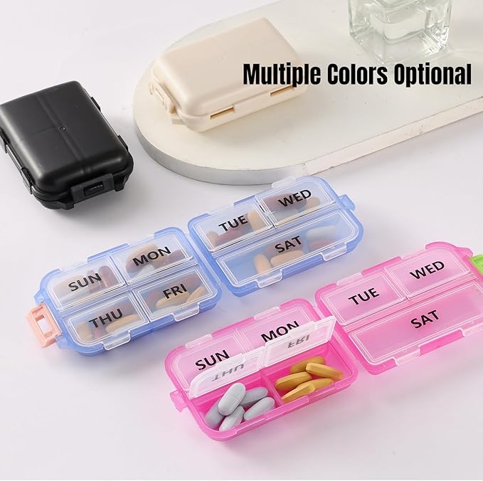 7 Day Compact Pill Organizer, Foldable Portable Travel Pill Box with Double Protection, Daily Small Pill Case Dispenser for Medication, Vitamins, Supplements (Black)