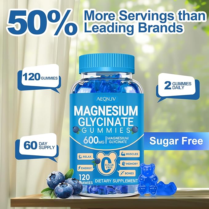 Magnesium Glycinate Gummies 600mg, Chewable Sugar Free Potassium Magnesium Gummies with Manganese Glycinate, Vitamin D, B6, and CoQ10 for Calm Support & Sleep for Adults, 60 Days Supply