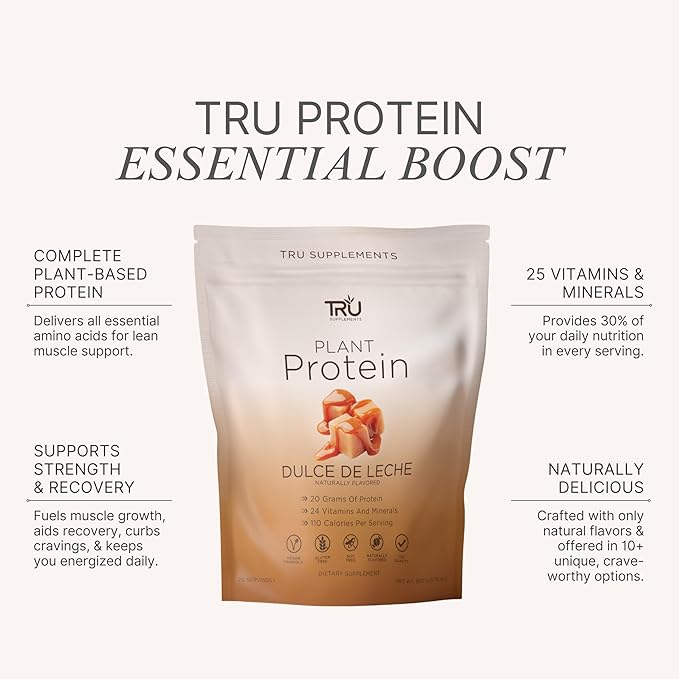 TRU Supplements Plant Based Protein Powder, BCAA, EAA, 20g Vegan Brown Rice & Pea Protein, 100 Calories, 27 Vitamins, No Artificial Flavors 25 Servings 25 Servings (Dulce De Leche)