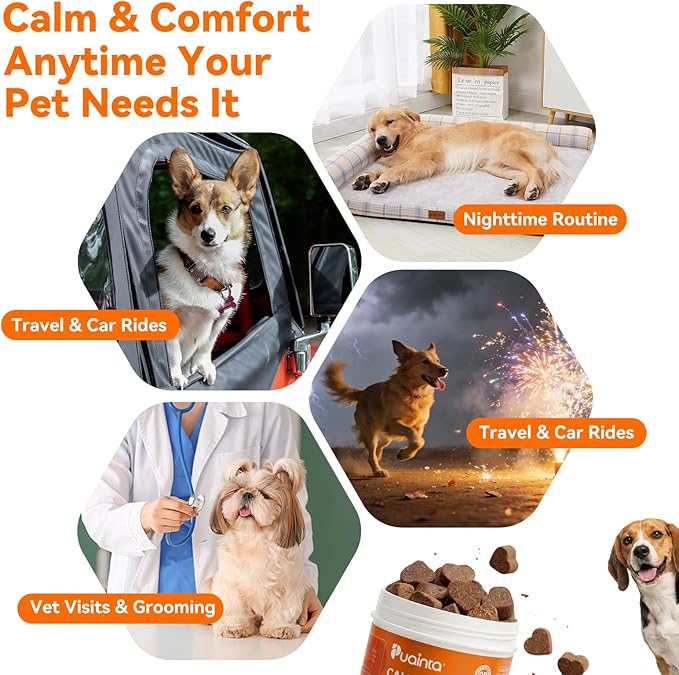Dog Calming Chews – Magnesium Glycinate & Melatonin for Dogs, 4 Herbal Ingredients for Anxiety Relief, Stress & Travel Support, Chicken Flavor (90 Count)