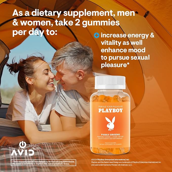 Playboy – Ginseng Gummies (60 Count - Peach Flavored) - Perform Harder, Longer, Better - Panax Ginseng Supplement Gummy for Men and Women - 100% Natural, Vegan Non GMO Ginseng Root 6:1 Extract