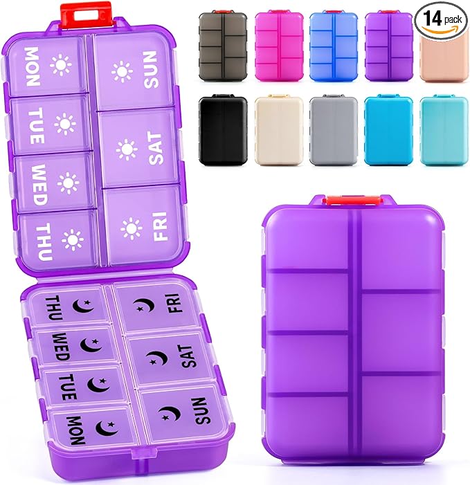 Foldable & Portable Weekly Pill Organizer 2 Times a Day with Clear Printed Labels - 7 Day AM PM Medicine Box, Week Daily Travel Pill Case Holder for Medications, Vitamin, Supplement - Clear Purple