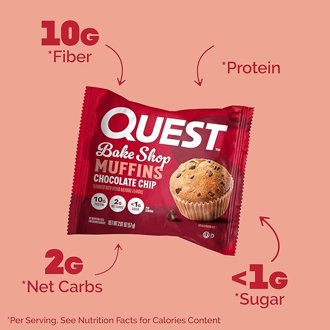 Quest Nutrition Chocolate Chip Muffin, 10g Protein, 2g Net Carb, Less than 1g Sugar, Protein Snack, 4 Count