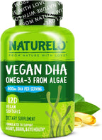 NATURELO Vegan DHA, Vegan Omega 3 Supplement, 120 Softgels, Supports Brain/Heart/Eye Health, Complements Prenatal Vitamins, Essential Fatty Acids, Omega 3 Supplement for Women & Men