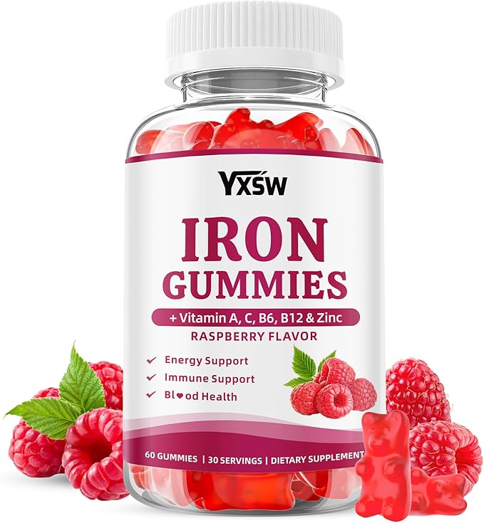 Iron Gummies for Women & Men, Vegan Iron Supplement Gummies with Vitamin C, A, B-Complex, Folate, Zinc- for Immune Health & Energy Support, Raspberry Flavor, 60 Count