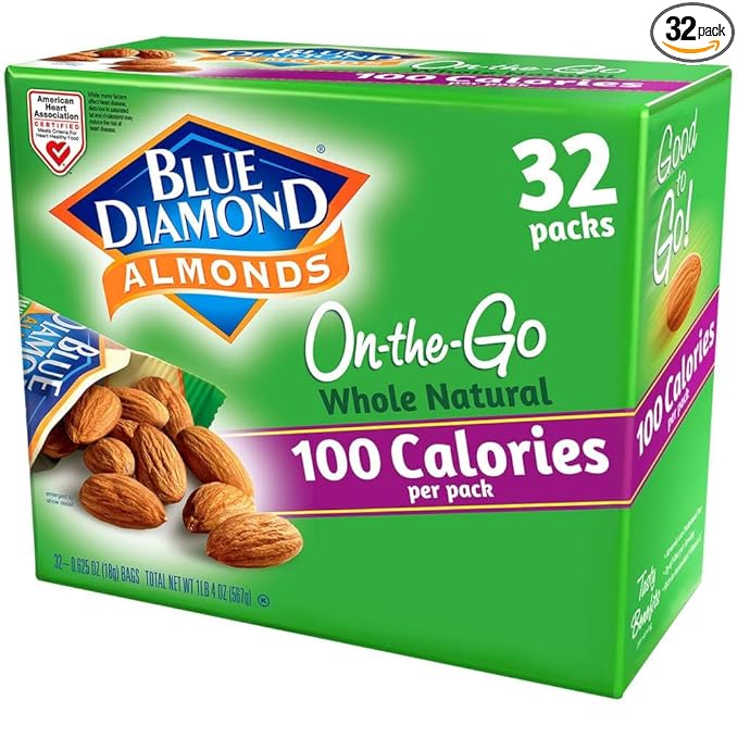 Blue Diamond Almonds Whole Natural Raw Snack Nuts, 100 Calorie Travel Bags, 32 count