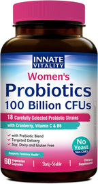 Innate Vitality Probiotics for Women, 100 Billion CFUs 18 Strains, Prebiotics and Probiotics, with Cranberry, Vitamin C & B6 P5P, Vaginal & Digestive Health, Non refrigerated, 60 Caps