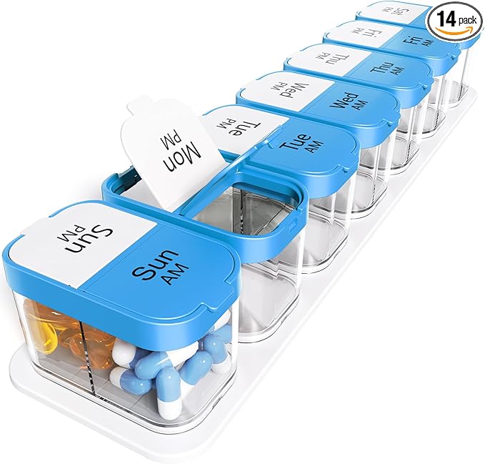 Odaro Extra Large Weekly Pill Organizer 2 Times A Day, XL Pill Box 7 Day Am Pm, Jumbo Medicine Organizer to Hold Daily Medicine Vitamin and Supplements - Blue