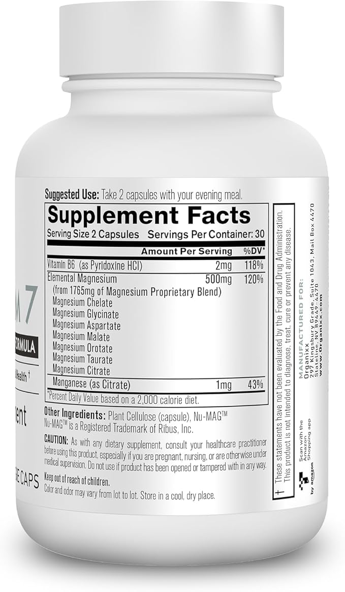 Organixx Magnesium Glycinate Supplement for Support Sleep, Muscle & Heart Health, 7 Type Magnesium Complex with Vitamin B6, Manganese Citrate, Gluten Free, Vegan, Non GMO, High Absorption, 60 Capsules