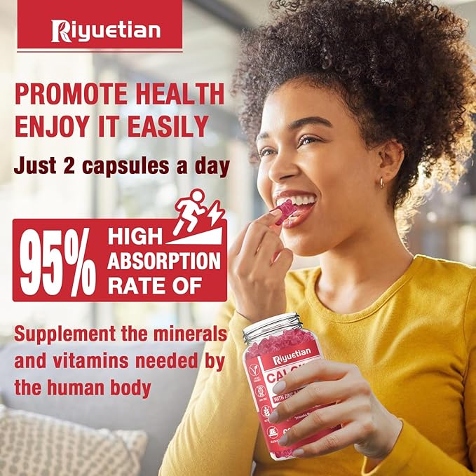 Calcium Gummies + Magnesium & Zinc with Vitamin D3 & K2, High Absorption Calcium Supplement for Bone, Teeth & Immune Support, Non GMO, Vegan, 60 Count