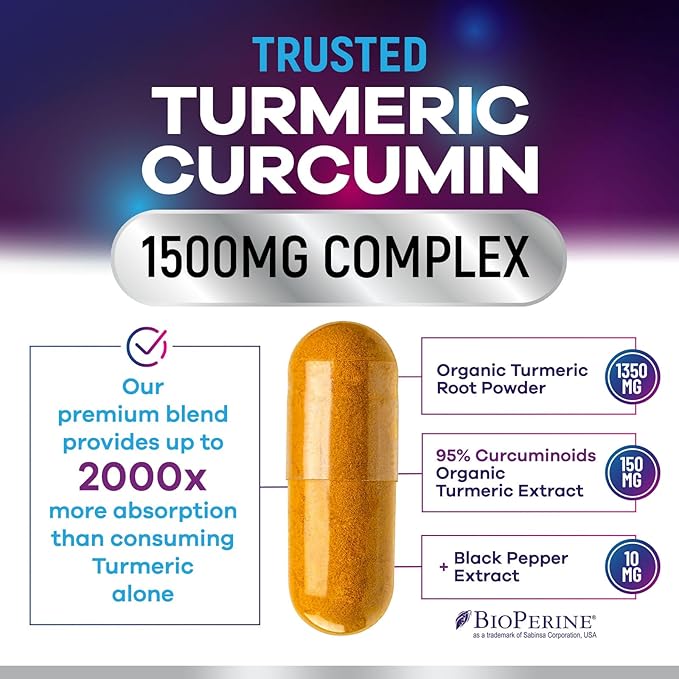 Turmeric Curcumin Supplement - 1350mg Organic Turmeric Per Serving - 95% Curcuminoids & BioPerine Black Pepper Extract for Best Absorption - Natural Vegan Joint Support, Bottled in USA - 360 Capsules