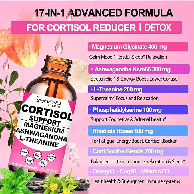 Cortisol Supplement Liquid Drops, 17-in-1 Cortisol Reducer w. Ksm-66 Ashwagandha Theanine Rhodiola Rosea Magnesium Phosphatidylserine, Hormone Balanced & Lower Cortisol for Women Calm* Relaxation