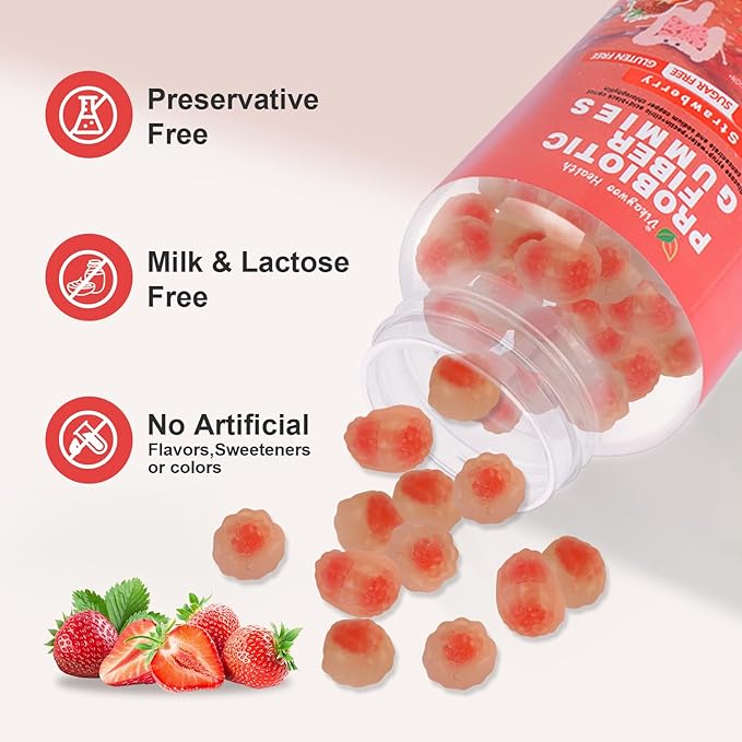 Probiotic Fiber Gummies for Adults, No Sugar Added Strawberry Flavor– 120 Billion CFUs –Vitamin C,Vitamin D–Digestive Health & Regularity Support(60 Count)