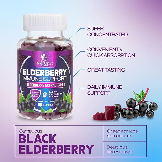 Elderberry Immune Support Gummies - Elderberry Extract Sambucus Nigra - Black Elder Berry Vitamin Supplement - Natural, Daily Immune Support Kids & Adults Love - Delicious Berry Flavor - 60 Gummies