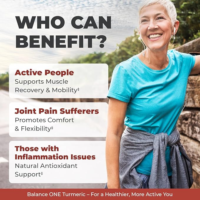 Balance ONE Turmeric Extract 1000mg with Max Strength 95% Curcuminoids - Turmeric Curcumin Supplement for Joint Comfort & Antioxidant Support - Ginger Extract and BioPerine - 1 Month Supply