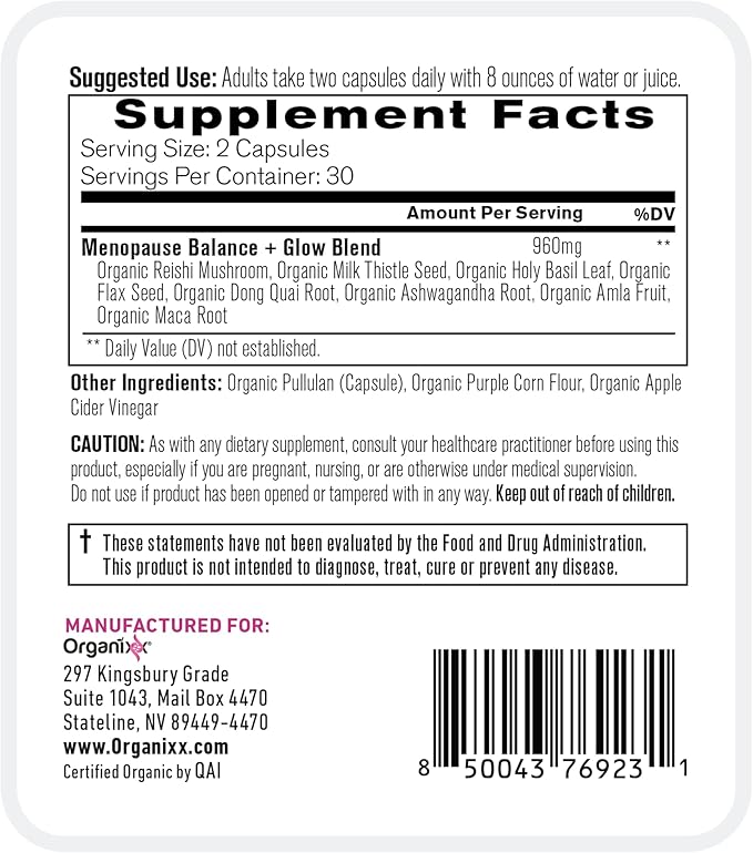 Organixx Menopause Balance + Glow, Womens Supplement with Ashwagandha, Reishi Mushroom, and Milk Thistle, Plant Based Adaptogens and Superfood Blend, Dairy, Soy & Gluten Free, Non GMO, 60 Capsules