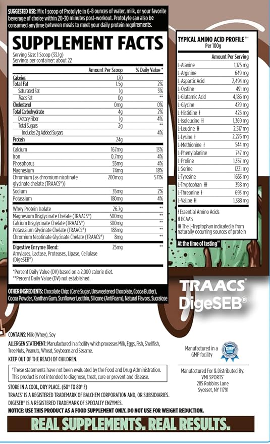 VMI Sports Protolyte 100% Whey Protein Isolate | Electrolytes Plus Enzymes | 22-25 Grams per Serving | Lactose and Gluten Free, Low Fat, Carbs & Sugar (1.63 lb, Mint Chocolate Chip)