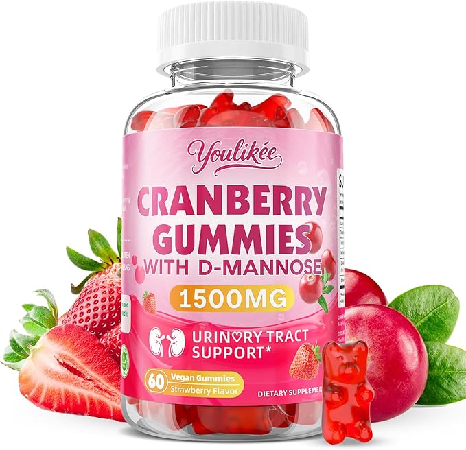 Vegan Cranberry Gummies with D Mannose - Supports Urinary Tract Health for Women & Men, Sugar-Free, Non-GMO and Gluten Free, Strawberry Flavor, 60 Count