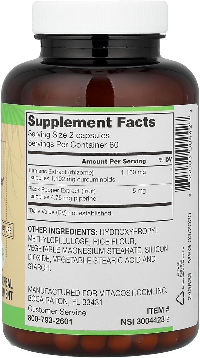 Vitacost Turmeric Extract Curcumin C3 Complex with Bioperine - 1,160 mg per Serving - 120 Capsules