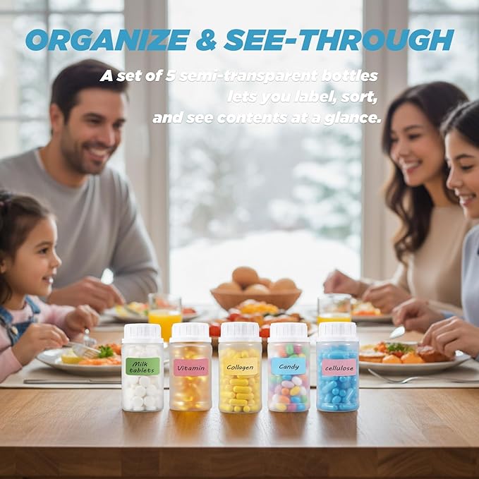 5 Pack Small Empty Plastic Bottles for Pills - Travel Medicine Containers with Lids & Labels, Portable Daily Organizer Storage for Vitamins, Medication Essentials