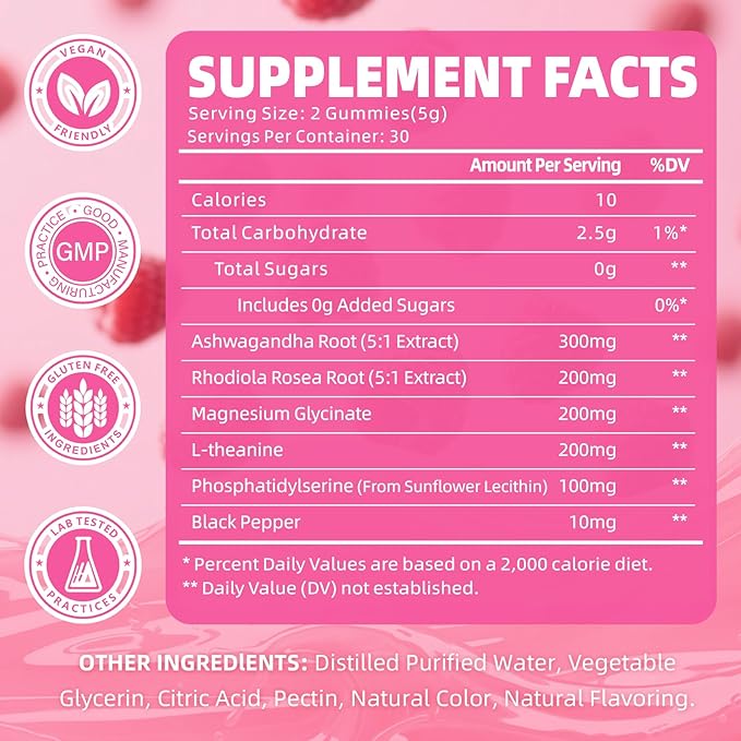 2 Pack Cortisol Gummies for Women, Cortisol Supplements Gummies with Magnesium Ashwagandha Rhodiola Rosea and L-theanine Complex for Relaxation and Zzz Support, Raspberry Flavor, 120 Count