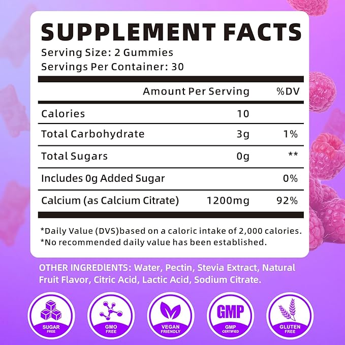 Calcium Citrate Gummies 1200mg Calcium Gummies for Women & Men, Chewable Calcium Supplements Support Immune Health & Bone Strength, Vegan/Sugar-Free/Gluten-Free, Raspberry Flavor 60 Count