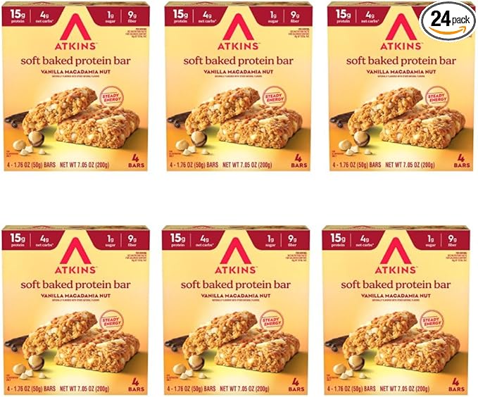Atkins Soft Baked High Protein Bars, Vanilla Macadamia Nut Flavor, 15g Protein, 4g Net Carbs, 2g Sugar, Excellent Source of Fiber, High Protein, 6 pack (4 bars each)